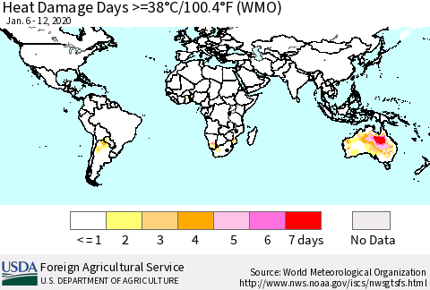 World Heat Damage Days >=38°C/100°F (WMO) Thematic Map For 1/6/2020 - 1/12/2020