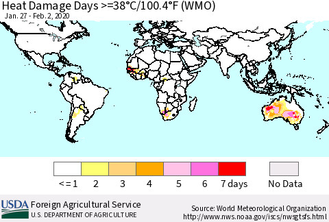 World Heat Damage Days >=38°C/100°F (WMO) Thematic Map For 1/27/2020 - 2/2/2020