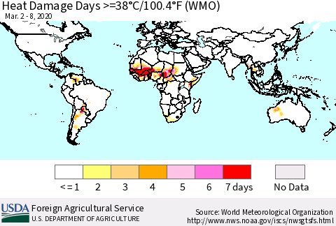 World Heat Damage Days >=38°C/100°F (WMO) Thematic Map For 3/2/2020 - 3/8/2020