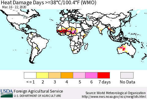 World Heat Damage Days >=38°C/100°F (WMO) Thematic Map For 3/16/2020 - 3/22/2020