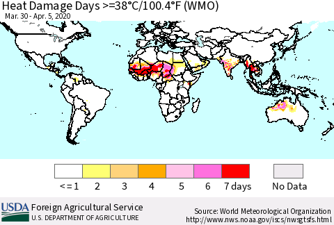 World Heat Damage Days >=38°C/100°F (WMO) Thematic Map For 3/30/2020 - 4/5/2020