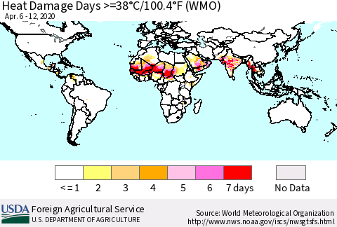 World Heat Damage Days >=38°C/100°F (WMO) Thematic Map For 4/6/2020 - 4/12/2020