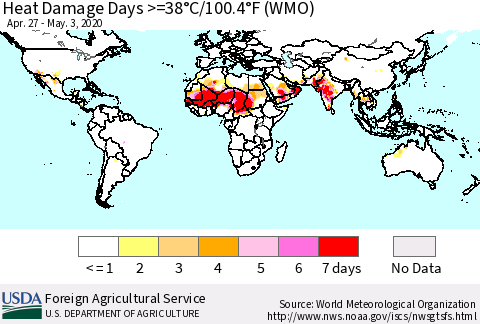 World Heat Damage Days >=38°C/100°F (WMO) Thematic Map For 4/27/2020 - 5/3/2020