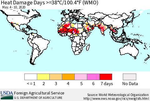 World Heat Damage Days >=38°C/100°F (WMO) Thematic Map For 5/4/2020 - 5/10/2020