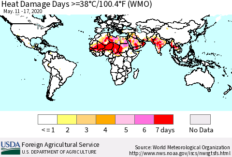 World Heat Damage Days >=38°C/100°F (WMO) Thematic Map For 5/11/2020 - 5/17/2020