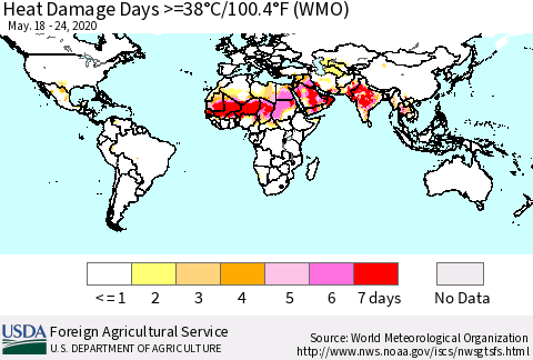 World Heat Damage Days >=38°C/100°F (WMO) Thematic Map For 5/18/2020 - 5/24/2020