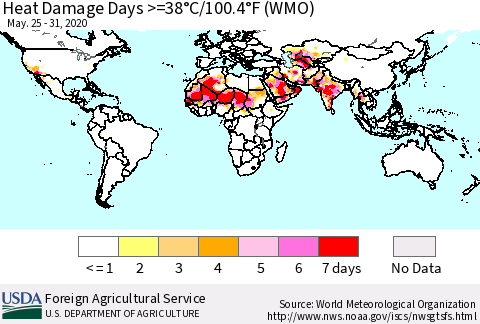 World Heat Damage Days >=38°C/100°F (WMO) Thematic Map For 5/25/2020 - 5/31/2020