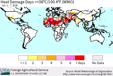 World Heat Damage Days >=38°C/100°F (WMO) Thematic Map For 6/1/2020 - 6/7/2020