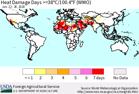 World Heat Damage Days >=38°C/100°F (WMO) Thematic Map For 6/22/2020 - 6/28/2020