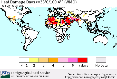 World Heat Damage Days >=38°C/100°F (WMO) Thematic Map For 6/29/2020 - 7/5/2020