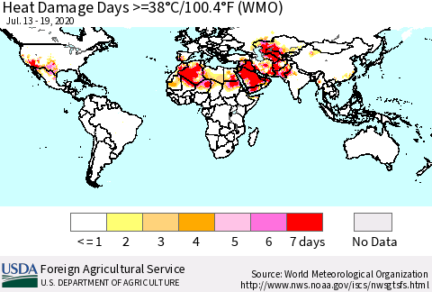 World Heat Damage Days >=38°C/100°F (WMO) Thematic Map For 7/13/2020 - 7/19/2020