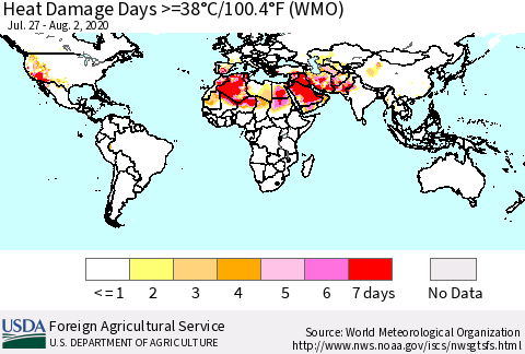 World Heat Damage Days >=38°C/100°F (WMO) Thematic Map For 7/27/2020 - 8/2/2020