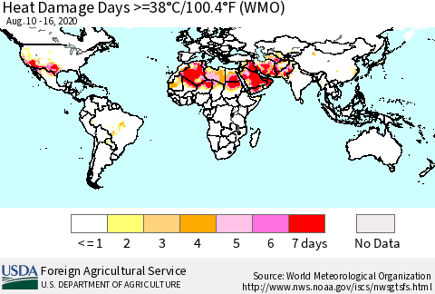 World Heat Damage Days >=38°C/100°F (WMO) Thematic Map For 8/10/2020 - 8/16/2020