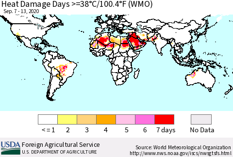 World Heat Damage Days >=38°C/100°F (WMO) Thematic Map For 9/7/2020 - 9/13/2020