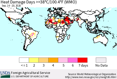 World Heat Damage Days >=38°C/100°F (WMO) Thematic Map For 9/14/2020 - 9/20/2020