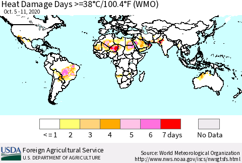 World Heat Damage Days >=38°C/100°F (WMO) Thematic Map For 10/5/2020 - 10/11/2020