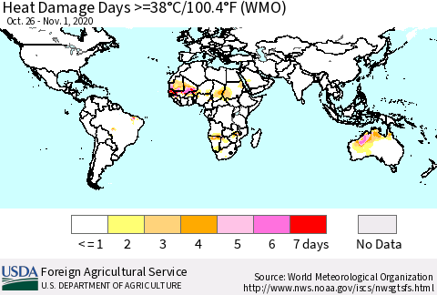 World Heat Damage Days >=38°C/100°F (WMO) Thematic Map For 10/26/2020 - 11/1/2020