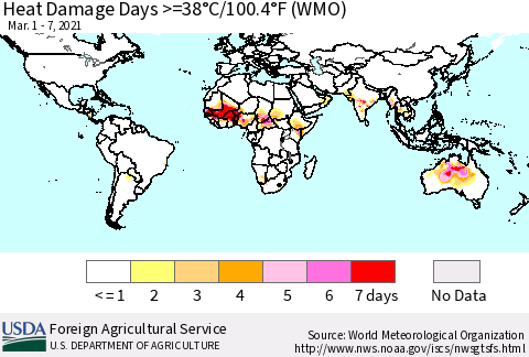 World Heat Damage Days >=38°C/100°F (WMO) Thematic Map For 3/1/2021 - 3/7/2021