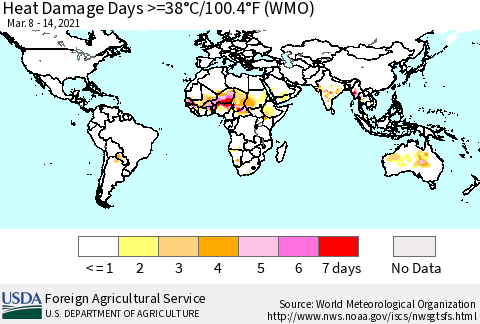 World Heat Damage Days >=38°C/100°F (WMO) Thematic Map For 3/8/2021 - 3/14/2021