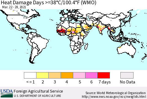 World Heat Damage Days >=38°C/100°F (WMO) Thematic Map For 3/22/2021 - 3/28/2021