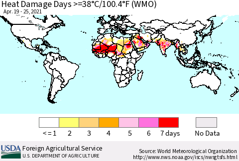 World Heat Damage Days >=38°C/100°F (WMO) Thematic Map For 4/19/2021 - 4/25/2021