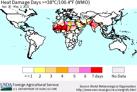 World Heat Damage Days >=38°C/100°F (WMO) Thematic Map For 4/26/2021 - 5/2/2021