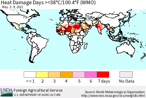 World Heat Damage Days >=38°C/100°F (WMO) Thematic Map For 5/3/2021 - 5/9/2021