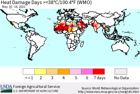 World Heat Damage Days >=38°C/100°F (WMO) Thematic Map For 5/10/2021 - 5/16/2021