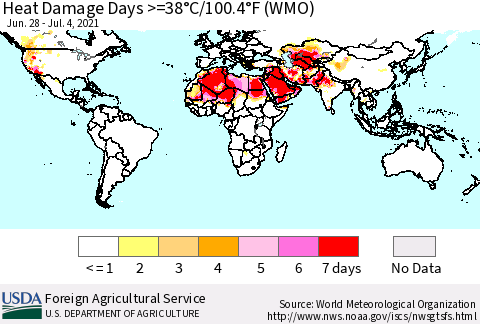 World Heat Damage Days >=38°C/100°F (WMO) Thematic Map For 6/28/2021 - 7/4/2021