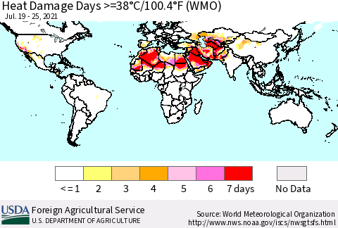 World Heat Damage Days >=38°C/100°F (WMO) Thematic Map For 7/19/2021 - 7/25/2021