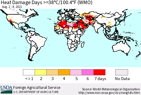 World Heat Damage Days >=38°C/100°F (WMO) Thematic Map For 8/2/2021 - 8/8/2021