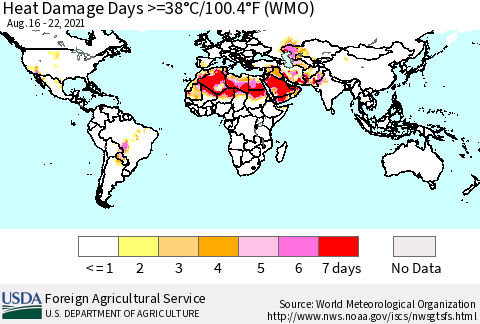 World Heat Damage Days >=38°C/100°F (WMO) Thematic Map For 8/16/2021 - 8/22/2021