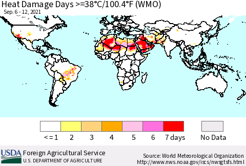 World Heat Damage Days >=38°C/100°F (WMO) Thematic Map For 9/6/2021 - 9/12/2021