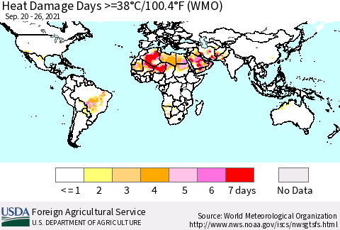 World Heat Damage Days >=38°C/100°F (WMO) Thematic Map For 9/20/2021 - 9/26/2021