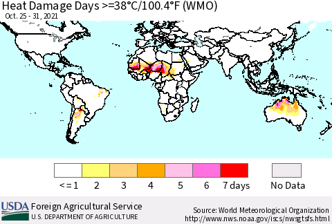 World Heat Damage Days >=38°C/100°F (WMO) Thematic Map For 10/25/2021 - 10/31/2021