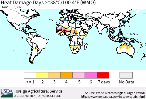 World Heat Damage Days >=38°C/100°F (WMO) Thematic Map For 11/1/2021 - 11/7/2021