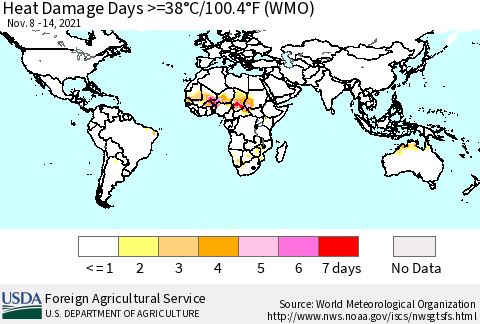World Heat Damage Days >=38°C/100°F (WMO) Thematic Map For 11/8/2021 - 11/14/2021