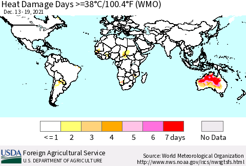 World Heat Damage Days >=38°C/100°F (WMO) Thematic Map For 12/13/2021 - 12/19/2021