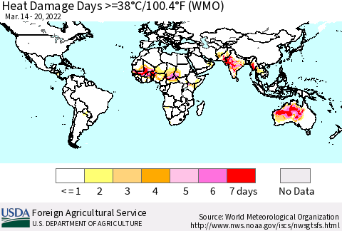 World Heat Damage Days >=38°C/100°F (WMO) Thematic Map For 3/14/2022 - 3/20/2022