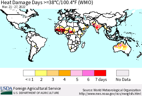 World Heat Damage Days >=38°C/100°F (WMO) Thematic Map For 3/21/2022 - 3/27/2022