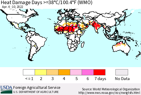World Heat Damage Days >=38°C/100°F (WMO) Thematic Map For 4/4/2022 - 4/10/2022