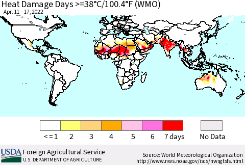 World Heat Damage Days >=38°C/100°F (WMO) Thematic Map For 4/11/2022 - 4/17/2022
