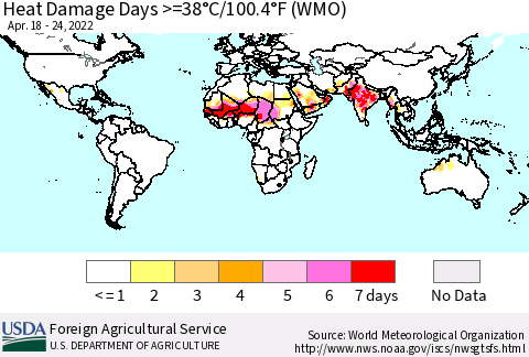 World Heat Damage Days >=38°C/100°F (WMO) Thematic Map For 4/18/2022 - 4/24/2022