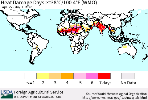 World Heat Damage Days >=38°C/100°F (WMO) Thematic Map For 4/25/2022 - 5/1/2022