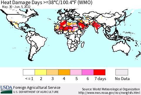 World Heat Damage Days >=38°C/100°F (WMO) Thematic Map For 5/30/2022 - 6/5/2022