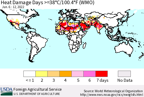 World Heat Damage Days >=38°C/100°F (WMO) Thematic Map For 6/6/2022 - 6/12/2022