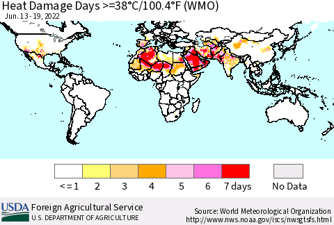 World Heat Damage Days >=38°C/100°F (WMO) Thematic Map For 6/13/2022 - 6/19/2022