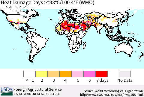World Heat Damage Days >=38°C/100°F (WMO) Thematic Map For 6/20/2022 - 6/26/2022