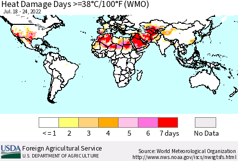 World Heat Damage Days >=38°C/100°F (WMO) Thematic Map For 7/18/2022 - 7/24/2022
