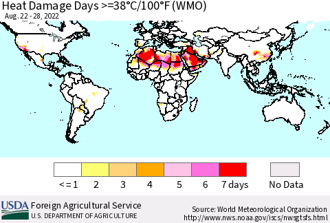 World Heat Damage Days >=38°C/100°F (WMO) Thematic Map For 8/22/2022 - 8/28/2022